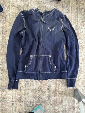 True Religion Navy Zip-Up Hoodie with White Contrast Stitching
